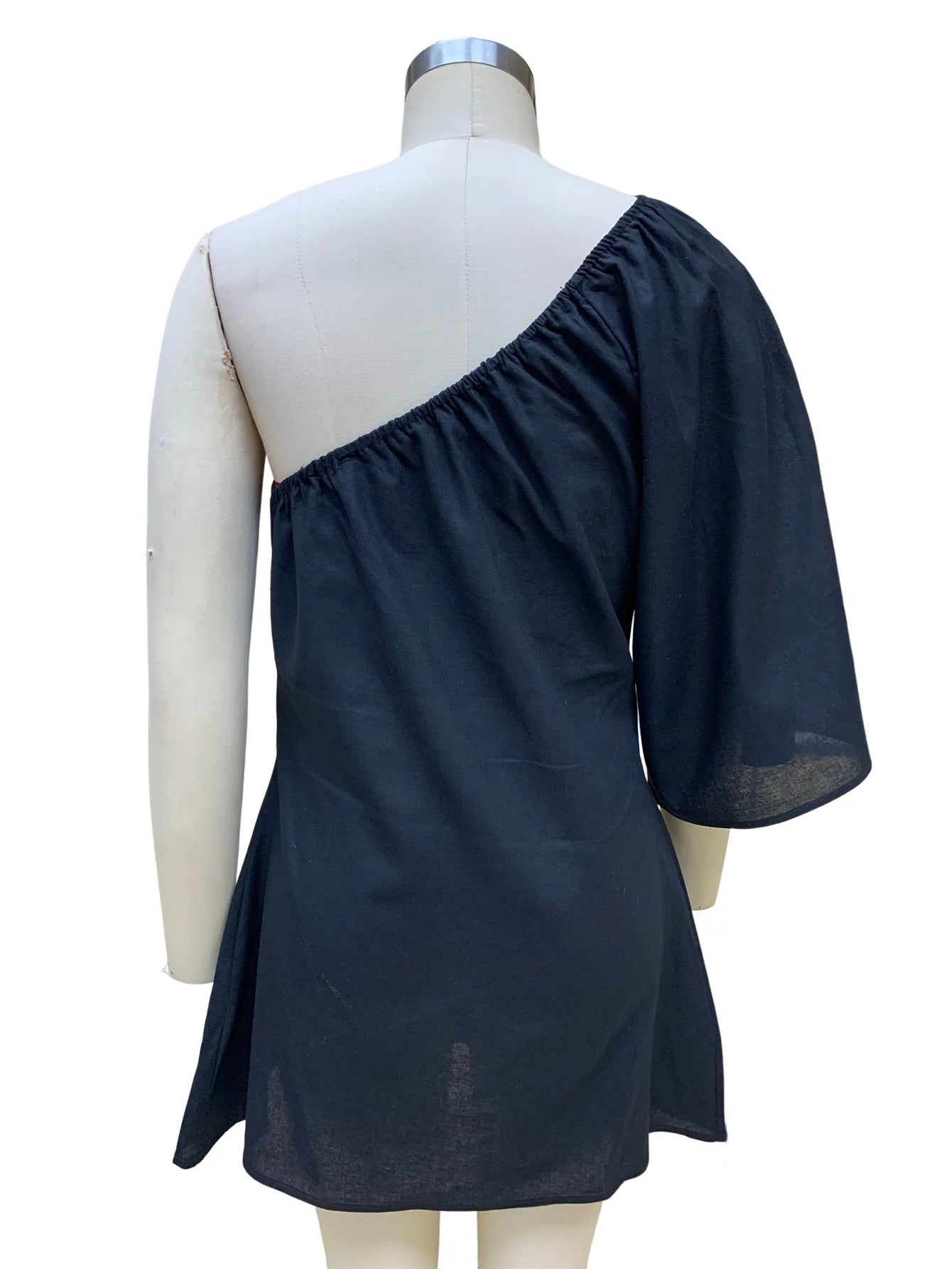 White Oblique Shoulder Cotton Linen Mini Dresses For Women Sexy Black One Shoulder Basic Puff Sleeve Party Club Dress Vestidos