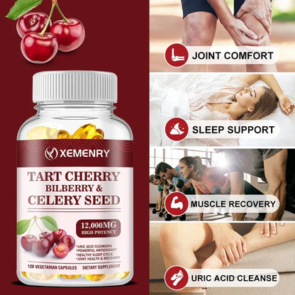 Organic Tart Cherry & Celery Seed Capsules - Uric Acid Cleanse, Support Sleep & Joint Health Muscle Repair Supplement