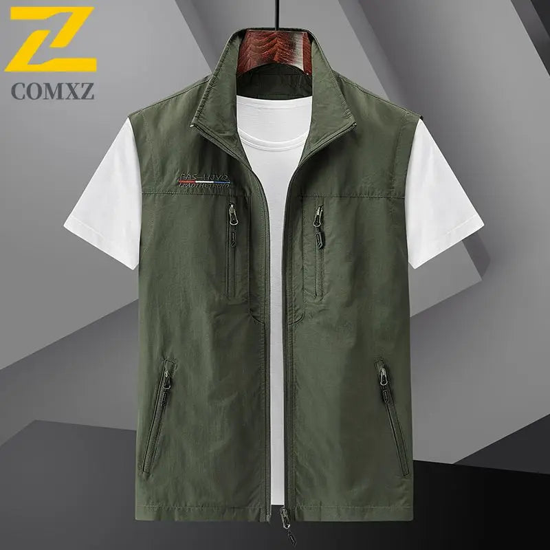 Men's Summer vest 2024 Thin Style Multi Pocket Waterproof Durable Large Size Casual Outdoor Travel Vest Men's Sleeveless Jacket army green