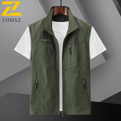 Men's Summer vest 2024 Thin Style Multi Pocket Waterproof Durable Large Size Casual Outdoor Travel Vest Men's Sleeveless Jacket army green