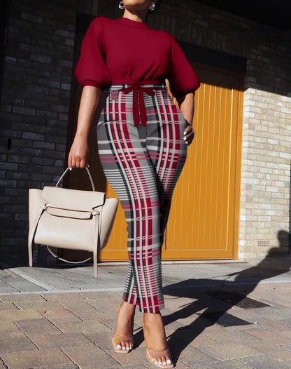 New Spring Autumn Trendy Street Trendy Seven Sleeve Fashion Printed Lace Up Waist Casual Pants Set For Women's Clothing wine red