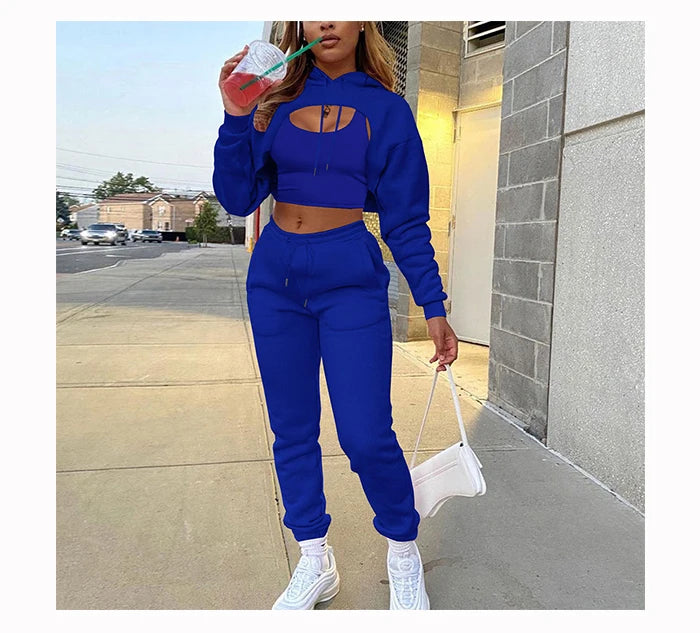 Women 3 Pieces Sets Sweatpants and Hoodie Set Cropped Tops Fleece Pants Suit Tracksuit Fitness Sport Jogger Outfit Clothing