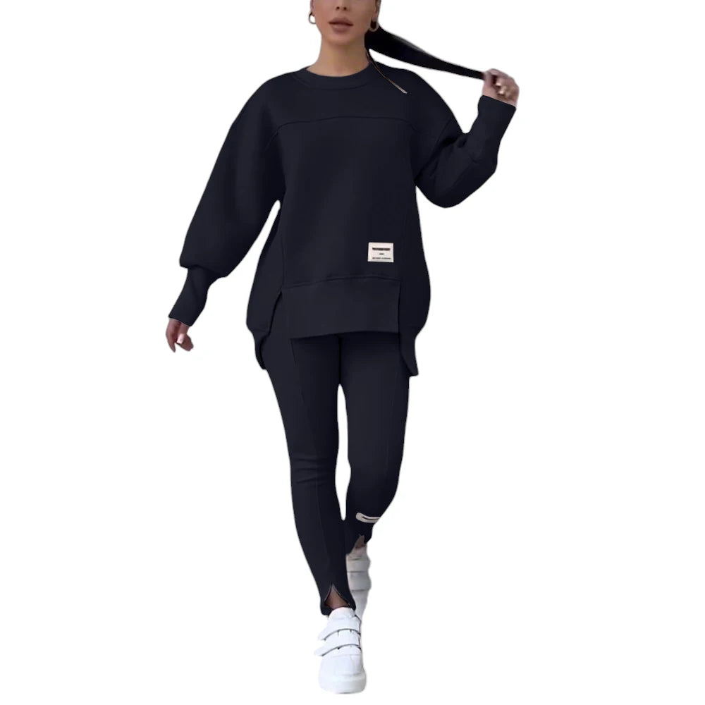 Women Two Piece Set Irregular Sweatshirt Long Sleeved Pullover Top Trouser Pants Set Autumn Winter Lady Solid Loose Outfits M L