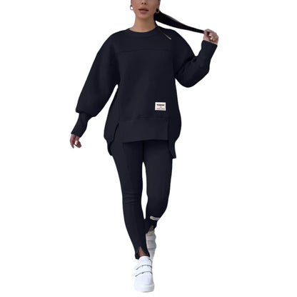 Women Two Piece Set Irregular Sweatshirt Long Sleeved Pullover Top Trouser Pants Set Autumn Winter Lady Solid Loose Outfits M L