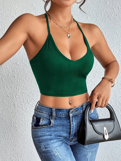 Chic Halter Neck Crop Top-Backless & Criss Cross Detail-Perfect for Summer Outings green