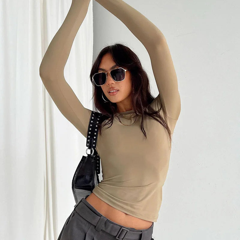 2024 Spring Autumn Women Y2K Pink T-Shirt Causal Long Sleeve Crop Tops O Neck Pullovers Base Tees Bodycon Slim Fit T Shirt