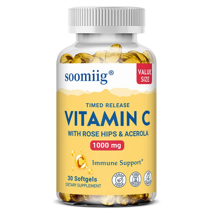 Vitamin C W/Rose Hips & Acerola | 1000mg | Two-Stage Timed-Release Healthy Immune Function, Skin, Hair & Nails Support | Non-GMO 30 count -1 bottle
