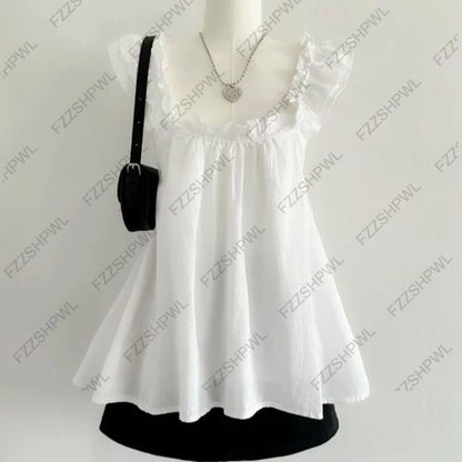 Solid color lace stitching suspenders bow decoration casual Y2K crop top rock retro aesthetics slim fit versatile punk women top Ivory