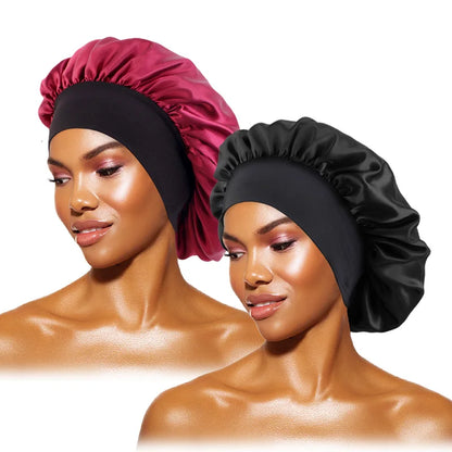 Women's Satin Solid Bonnets Wide-brimmed Night Sleeping Bathing Hat Unisex Head Wrap Elastic Band Cap Hair Care Bonnet BK WN One Size