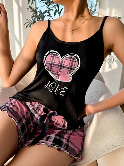 Women Sexy Suspender Shorts Thin Pajamas Letter Print Plaid Shorts Large Pajamas Romantic Home Wear Sexy Nightwear Short Pajama Badiee Stylez