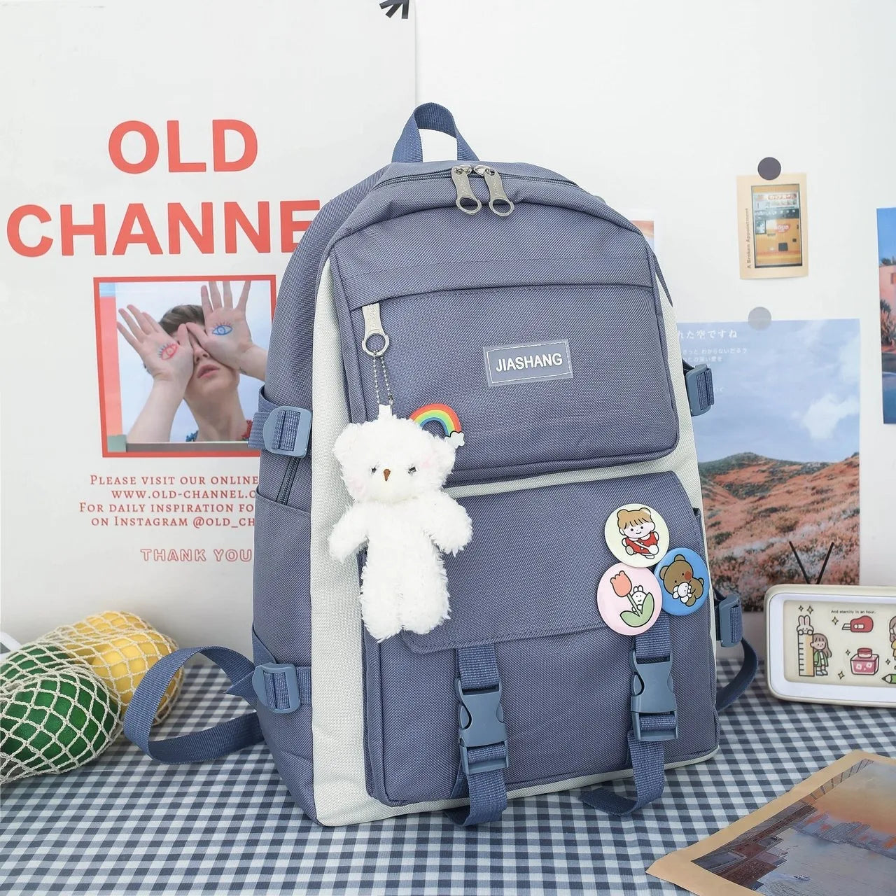 Four Piece Set of Student Backpack for Women in Korean Version Casual Canvas High School Campus with Large Capacity