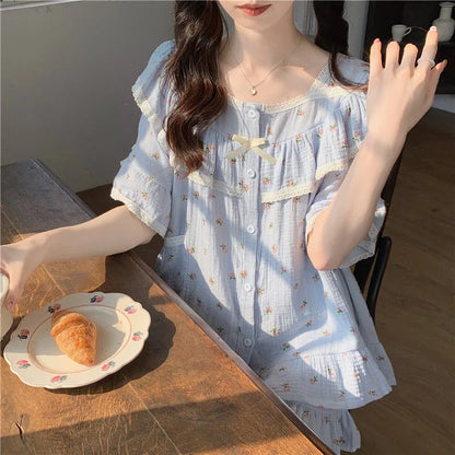 Summer New Women's Princess Style Sweet Pajamas Homewear Set Girls Lace Small Floral Summer Short-Sleeved Shorts Loose Pajamas