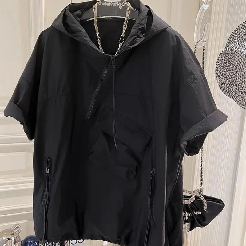 Summer Hoodies Women's Clothing Short Sleeve Hooded Half Zipper Y2k Tops Streetwear Casual Fashion Korean Sweatshirt Ropa Mujer