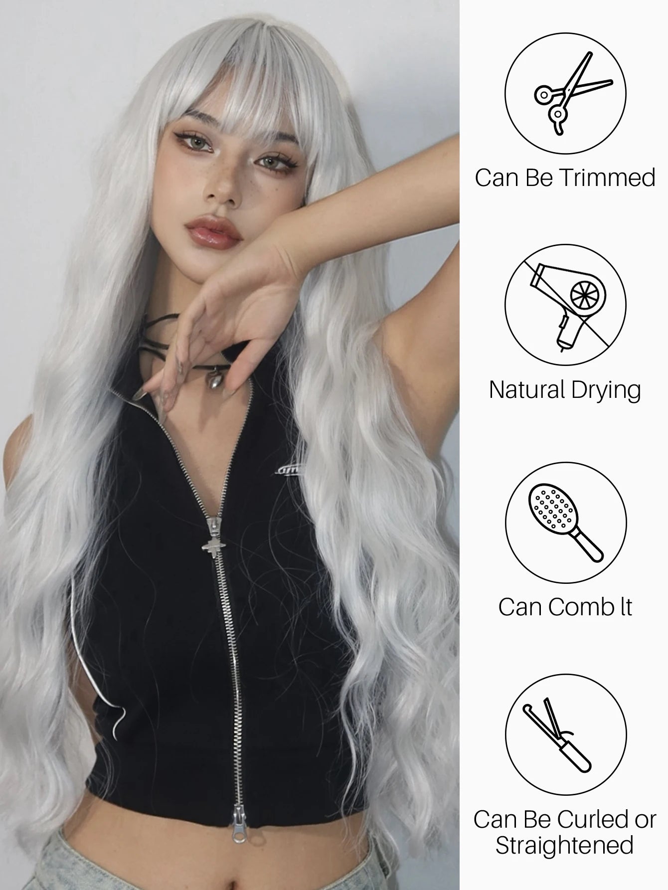 Super Long Curly Silver Synthetic Wig with Fluffy Bangs White Water Wave Hair Wigs for Women Daily Use Cosplay Colored Hair Wig