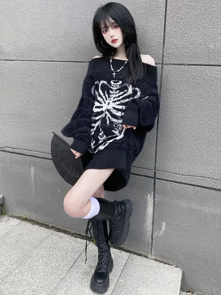 Goth Skull Print Harajuku Sweater Sweater Tops Aesthetic Women's Black Pullover Harajuku Fashion Streetwear Tops 2000