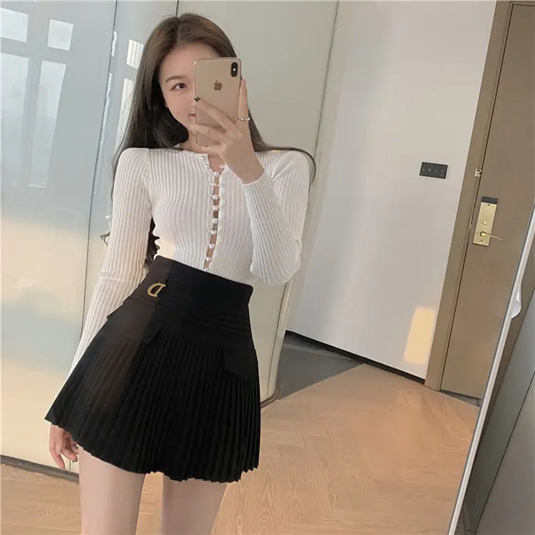 White Pleated Skirt Women High Waist Skater Skirt Female Korean A-Line High Fashion Casual Short Skirt Women Bottoms