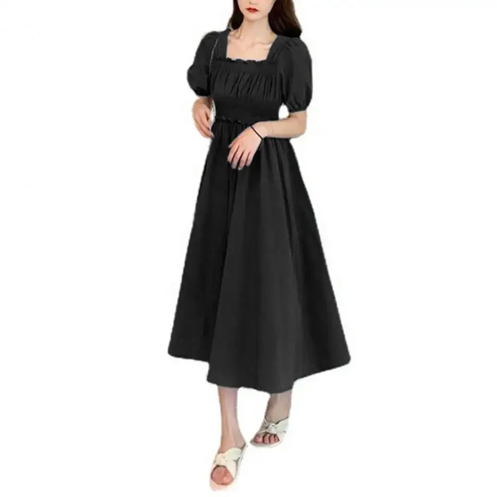 Summer Women Dress Pleated Shirring Square Neck Short Sleeve Bubble Sleeve Ladies Dress Solid Color Loose Hem Midi Dress Black