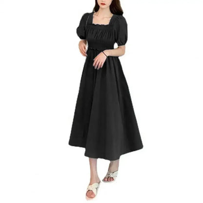 Summer Women Dress Pleated Shirring Square Neck Short Sleeve Bubble Sleeve Ladies Dress Solid Color Loose Hem Midi Dress Black
