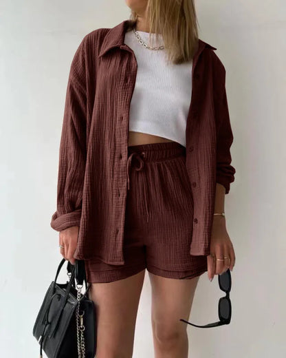 Short Sets Women Tracksuit Single Breasted Cardigan Blouses Two Pieces Shorts Loose Button High Street Solid Pockets Folds