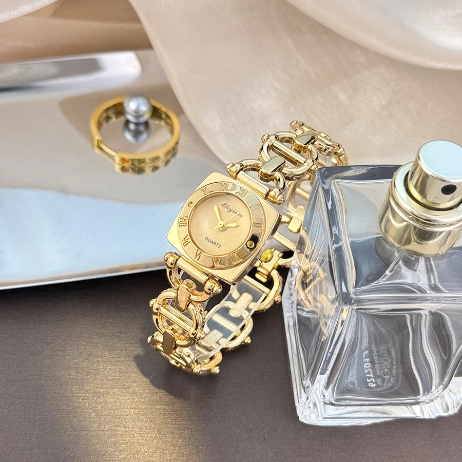 High-End Women's Skeleton Design Watch Square Roman Hour Markers Light Luxury Fashion Cross-Border Best-Seller Ladies Watch Gold