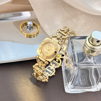 High-End Women's Skeleton Design Watch Square Roman Hour Markers Light Luxury Fashion Cross-Border Best-Seller Ladies Watch Gold