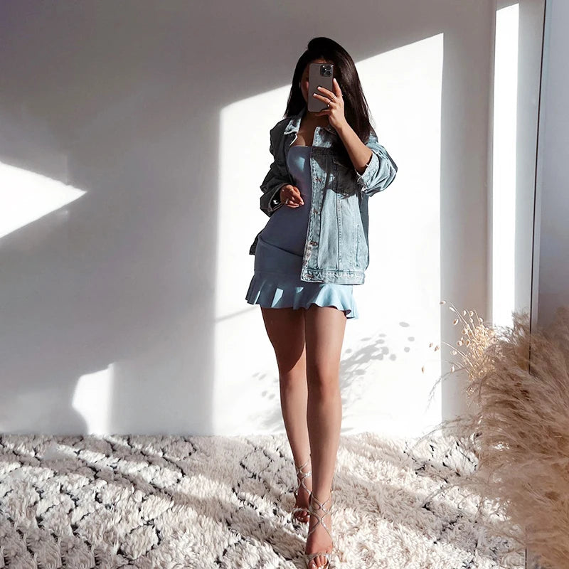CUTENOVA Women Soft Tender Slight Blue Strapless Wrap Hipster Mini Pleated Dress Pullover Sexy Charm Outfits Girls Dating Wear