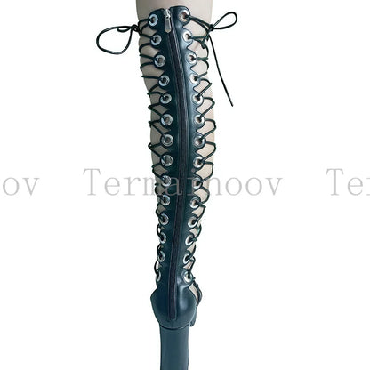 Summer Sexy Women Over Knee High Sandals Fashion Thick Heel Cross Straps Back Zipper Gladiator Shoes Holiday Party Shoes Dress