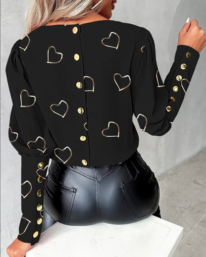 Fashion Long Sleeved Button Printed Blouse T Shirt Women's Spring Autumn Simple Pullover Top