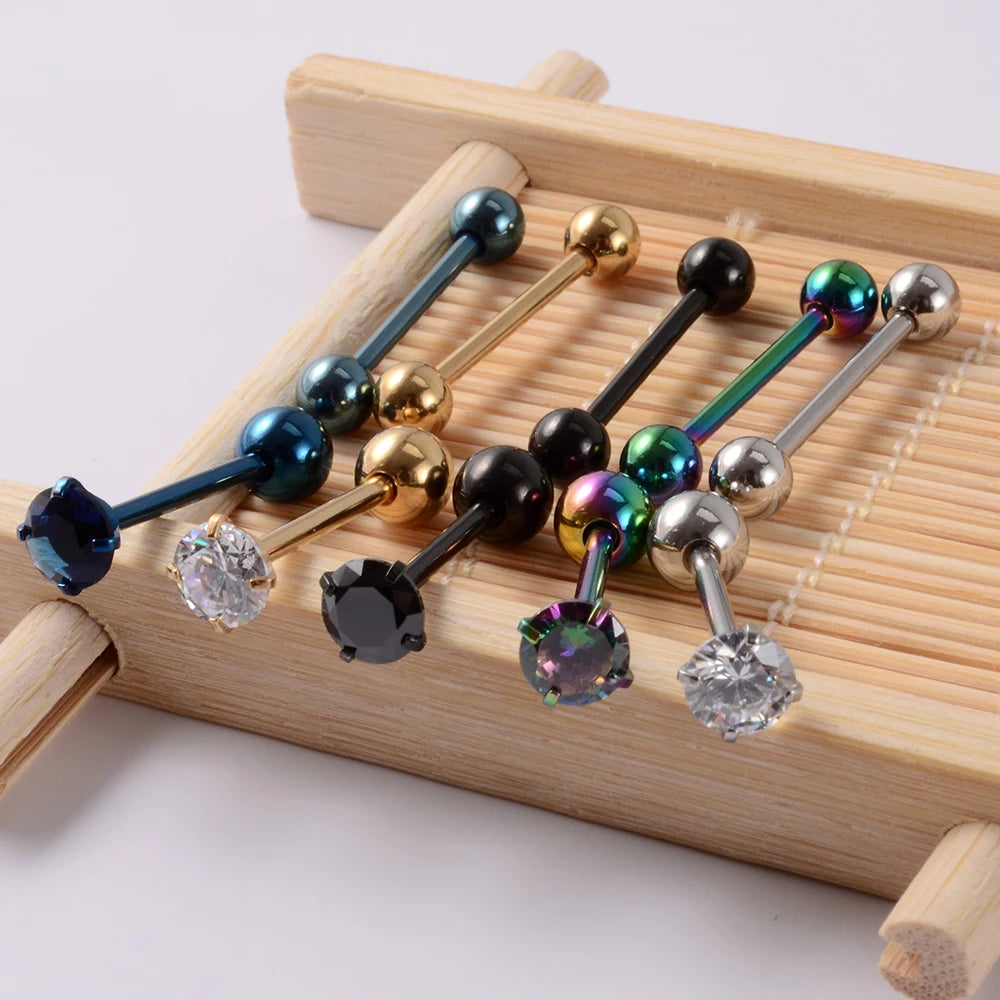 2PCS Anti-Allergy Surgical Steel  Prong Zircon Tongue Barbell Piercings Ball Tongue Barbell Rings Fashion Piercing Jewelry Badiee Stylez