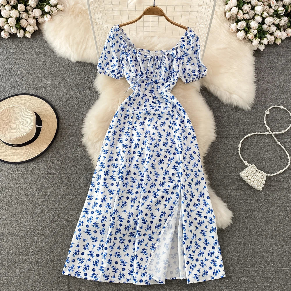 Summer Vintage Dress Blue Floral Summer Bubble Sleeve Tie Up Sexy Dresses Women A-line Print Split Long Dress Elegant Vestidos