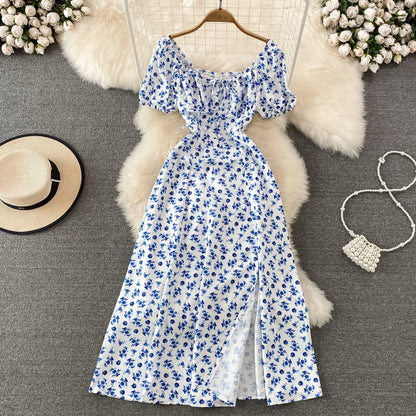 Summer Vintage Dress Blue Floral Summer Bubble Sleeve Tie Up Sexy Dresses Women A-line Print Split Long Dress Elegant Vestidos