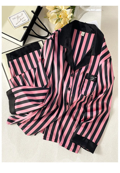 Women Long Sleeve Pajamas 2PCS Set Spring Summer New Sleepwear Loungewear Fashion Stripes Pyjama Pour Femme Loose Satin Homewear