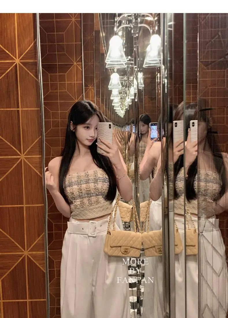 Sexy Camis Plaid Chic tube top Slim Korean Tanks Top Sleeveless Elegant Crop Top Summer Women Bustier