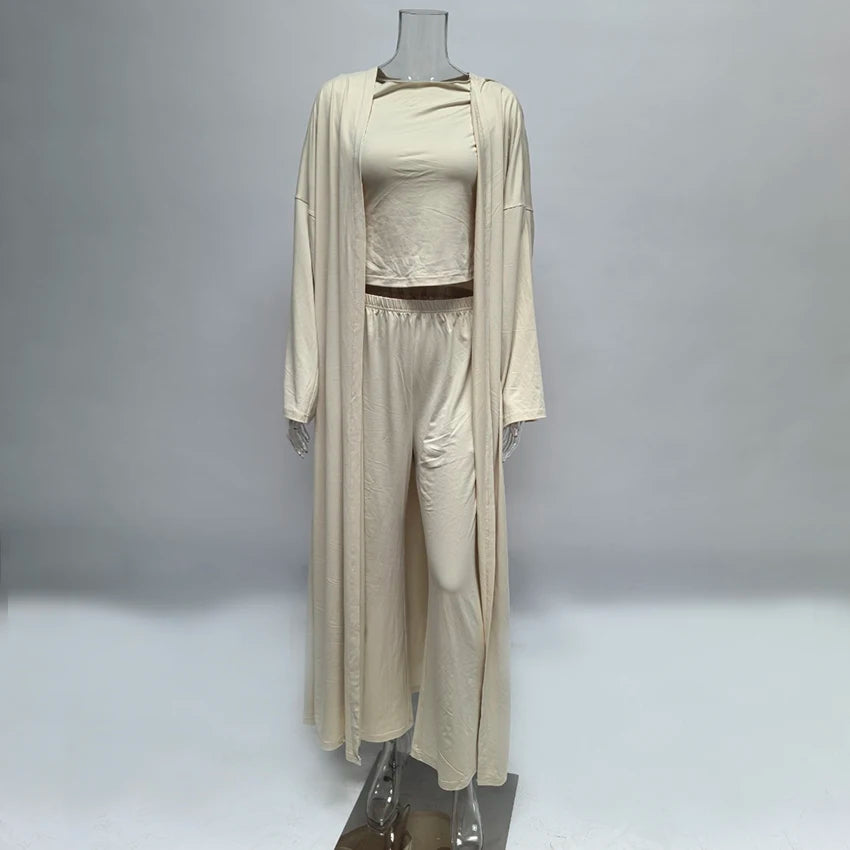 Hiloc Elegant Knit 3 Piece Sets Summer Casual Loose Sleepwear Street Chic Elastic Waist Pants Fashion Long Sleeve Shirts 2025