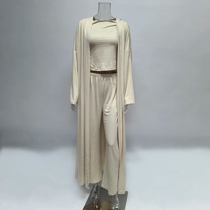 Hiloc Elegant Knit 3 Piece Sets Summer Casual Loose Sleepwear Street Chic Elastic Waist Pants Fashion Long Sleeve Shirts 2025