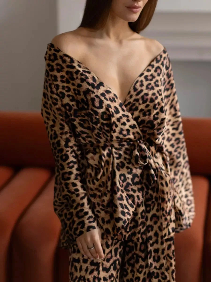 Mozuleva Solid Color Long Sleeved Pants Pajama 2-Piece Set Women's Autumn Winter Lace Up Nightgown Comfortable Home Clothing