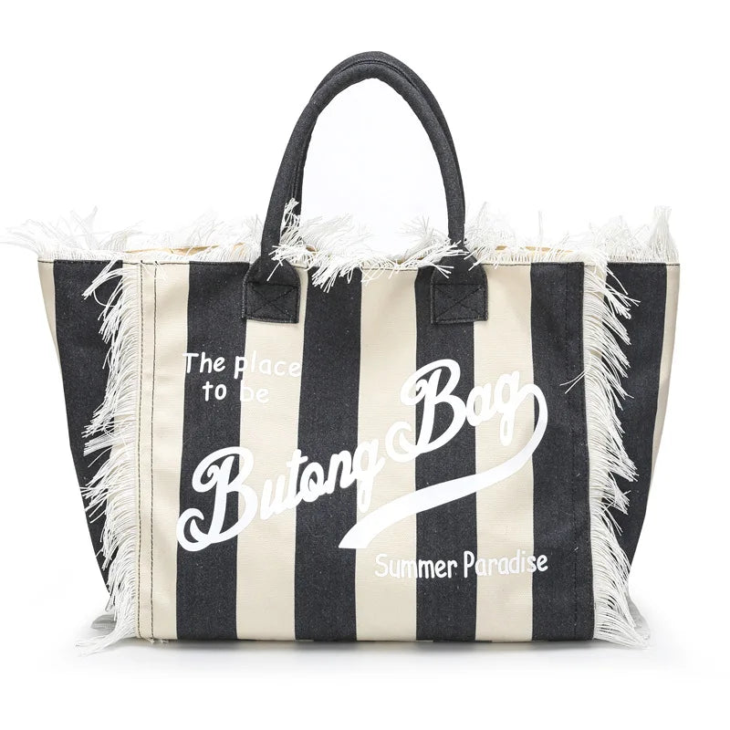 European and American Letters Tassel Canvas Bag Arge Capacity Handbags Travel Women Beach Tote Bag Fashion Casual Shopping Bags E 52x32x16cm