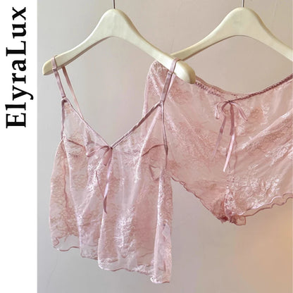 ElyraLux Women Harness Pajama Suspender Shorts for Women Pajamas Set Lace Silk Lingerie Pyjamas Shorts Set Pink lace pajamas