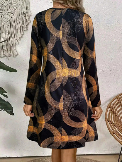 Women's Early Autumn Long - Sleeve V - Neck Dress, Geometric Gold - Print, Ideal for Casual & Evening Badiee Stylez