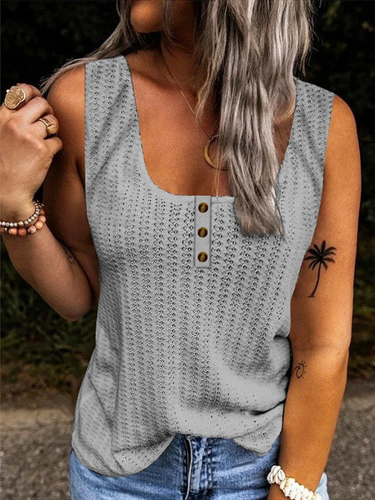 Solid Color Knitted U-Neck Vest Women's Summer Sleeveless Button T-Shirt Casual Tank Top Grey