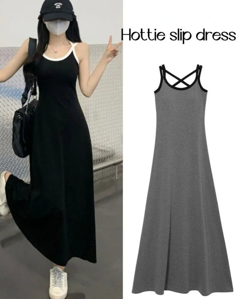New Fashion Summer Black Loose Slip Dress Off Shoulder Solid Simplicity All-match Sleeveless Dress Temperament Women Clothing