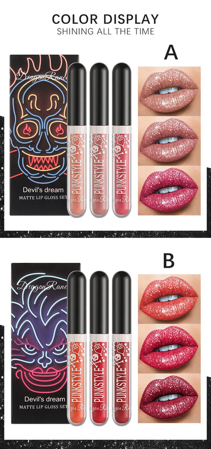3pcs Glitter Lipstick Set Waterproof Sexy Blue Purple Black Lip Gloss Shiny Lip Tint Halloween Lip Makeup Tool Korean Cosmetics