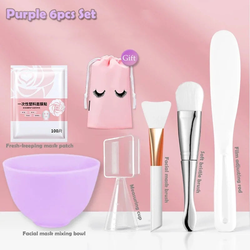 Silicone Face Mask Mixing Bowl Set Mixing Stick Spa Tool Beauty Salon Bowl Spoon Mask Mud Film Brush Silicone Facial Skincare Purple-6pcs