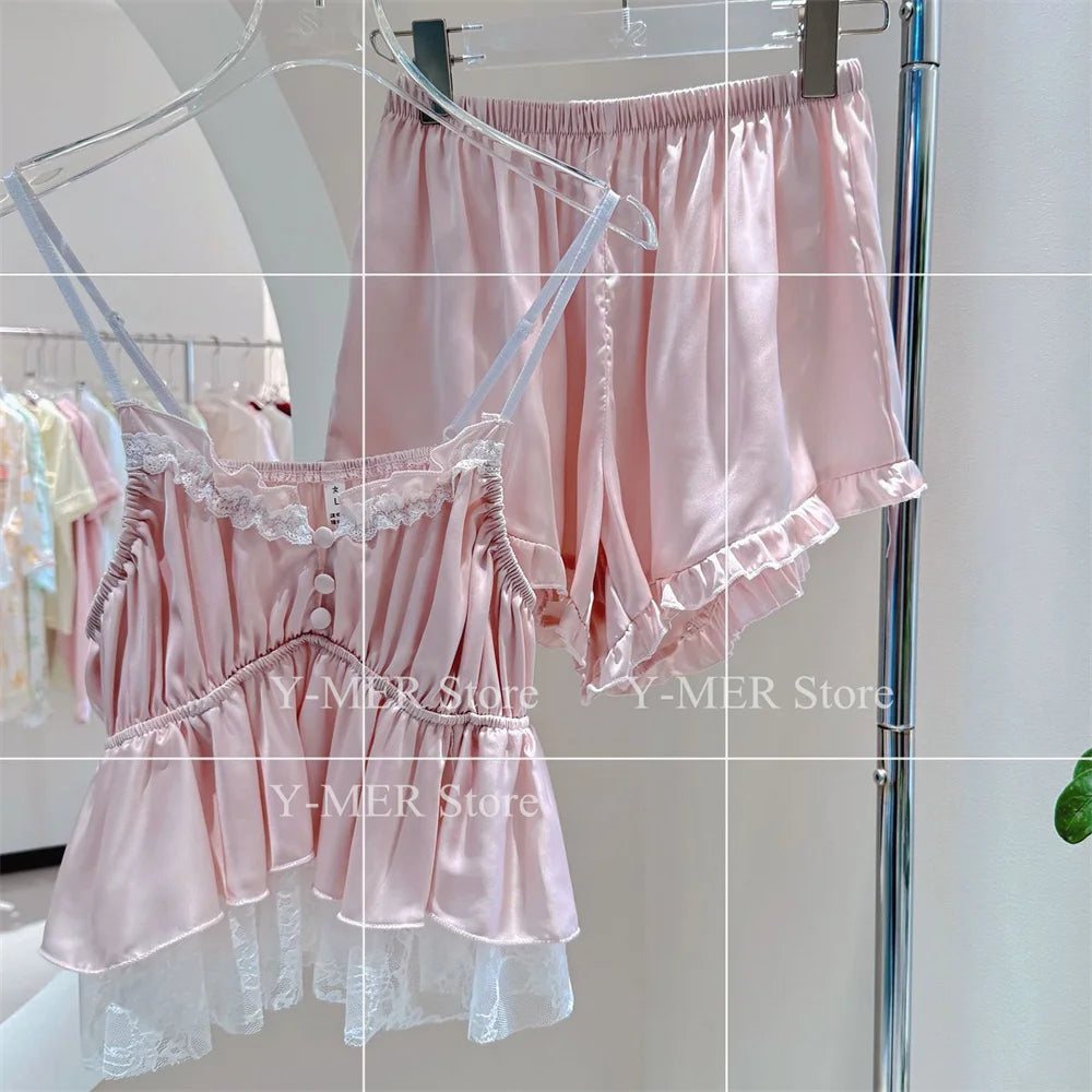 Blue Pajamas Set Elegant Home Clothes Ice Silk Sleepwear Women Loose Trousers Suit Four Seasons Loungewear Sexy Lace Nightgown Pink B