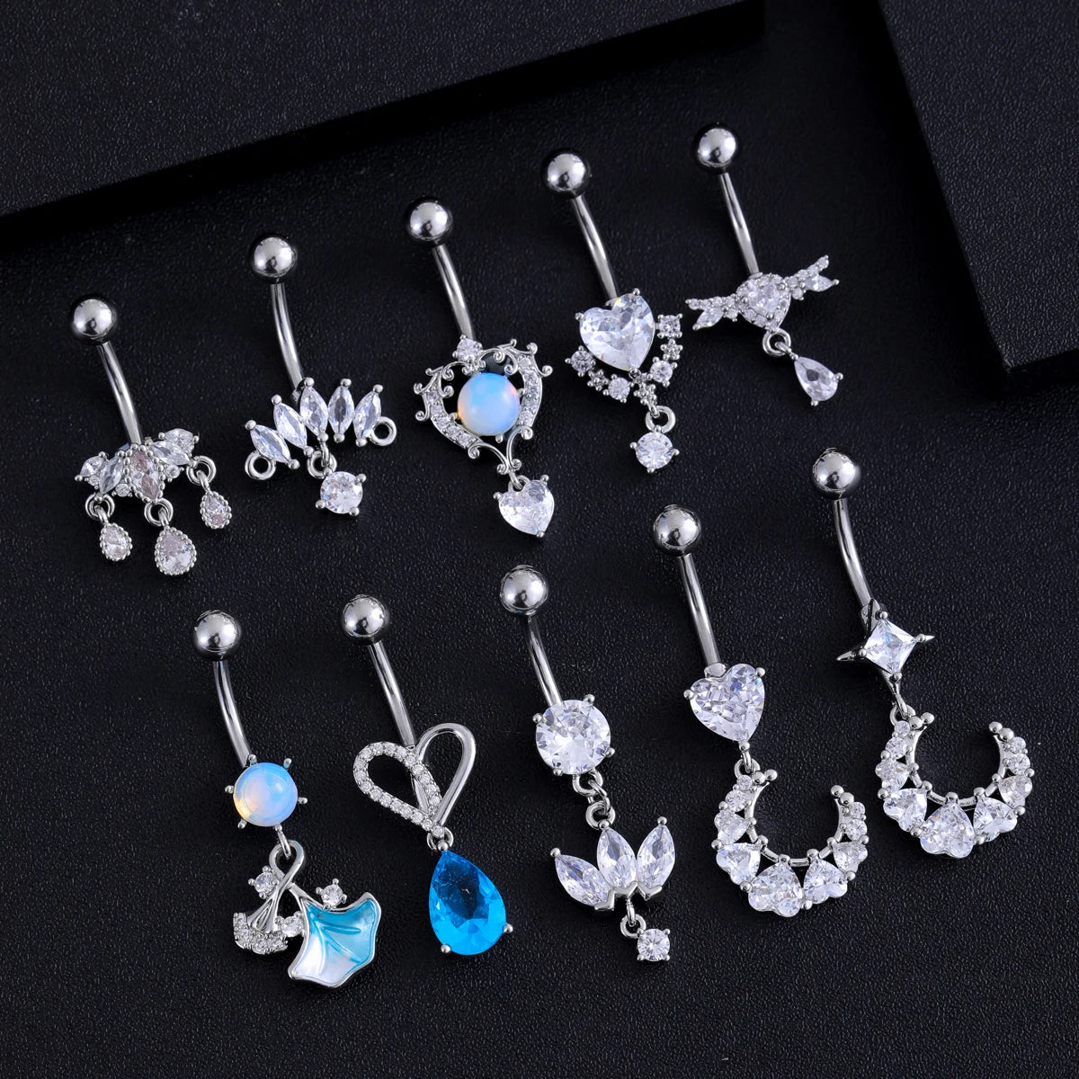 Zircon Crystal Belly Button Ring Dangle Wing Piercing Nombril Ombligo Surgical Steel Barbell Heart Round Navel Stud Body Jewelry