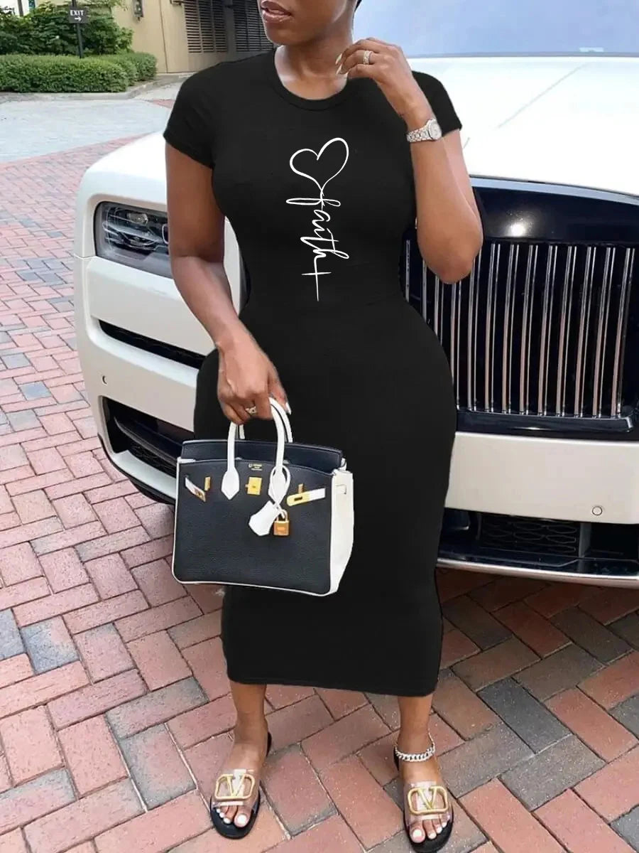 Summer black sexy dress women's GUEESS letter printed casual slim fit short sleeved round neck T-shirt and nude long skirt