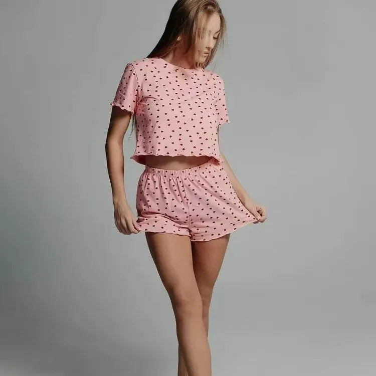 Womens Cute Heart Print Pajama Set Two Piece Short Sleeve Crop Top Ruffle Shorts Sleepwear Loungewear Casual Summer Nightwear ﻿