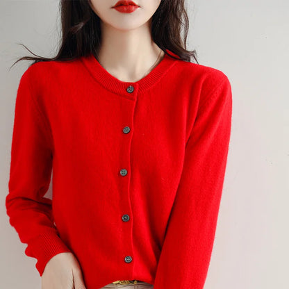 Knitted Cardigan Women's Sweater Autumn And Winter 2022 New Solid Color Coat Round Neck Short Long Sleeve Loose Korean Fashion Red CHINA