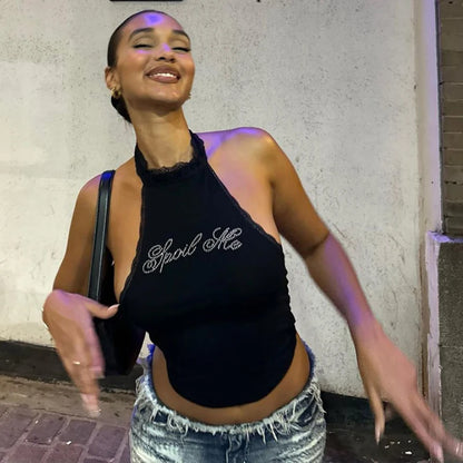 Dulzura Halter Sleeveless Crop Top Vest 2024 Summer Women Lace Patchwork Sexy Rhinestones Y2K Vintage Elegant Club