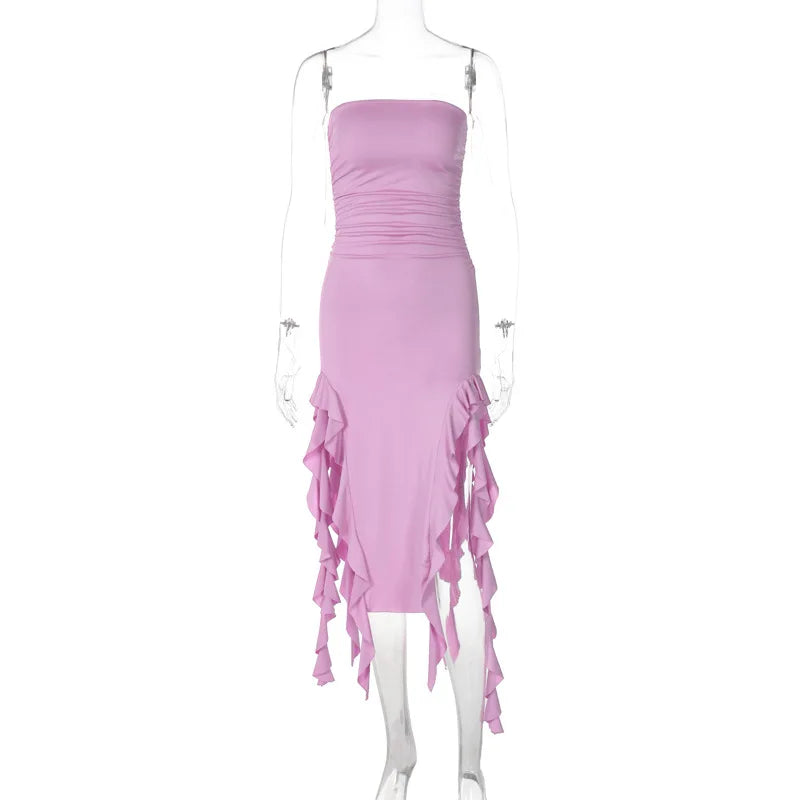 WonMiracle Elegant Strapless Dress Women Irregular Tassel 2024 Summer Trend Skinny Split Maxi Bodycon Party Dress For Women Lavender